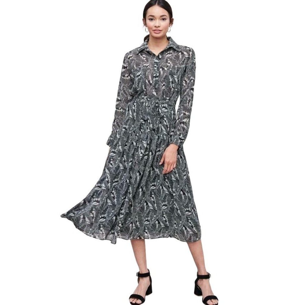 CALISTA Black Sheer Chiffon Midi Dress S Black White Long Sleeve Buttons